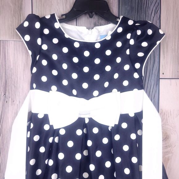 Girl's Navy White Polka Dot Dress Sleeveless Taffeta Back Tie Size 4T - Picture 2 of 7